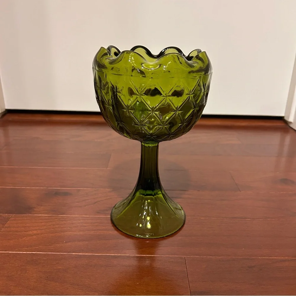 VTG Indiana Glass Avocado Green Pedestal 9